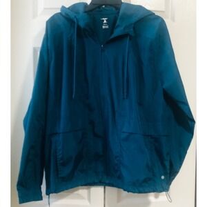 Layer 8 Women's Lightweight Windbreaker Jacket Size M Teal Hooded Zip-Up w/ Pock